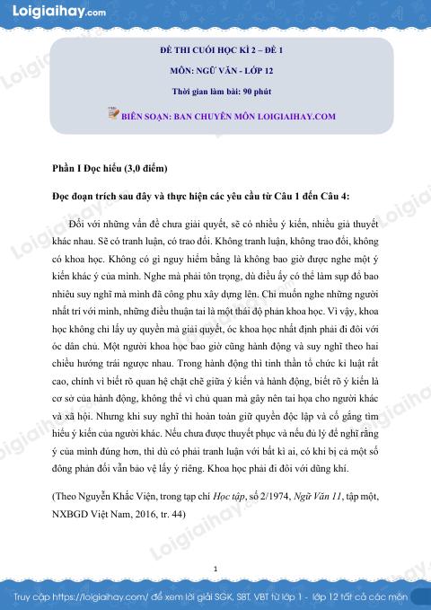 Đề số 1 - Đề kiểm tra học kì 2 - Ngữ văn 12